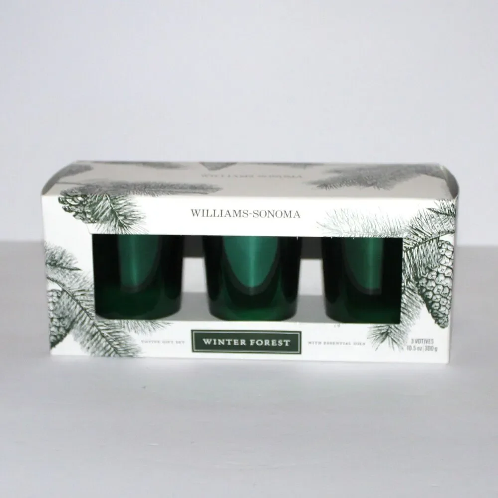 Williams Sonoma Winter Forest 3 Votive Candle set 10.5 oz green glass